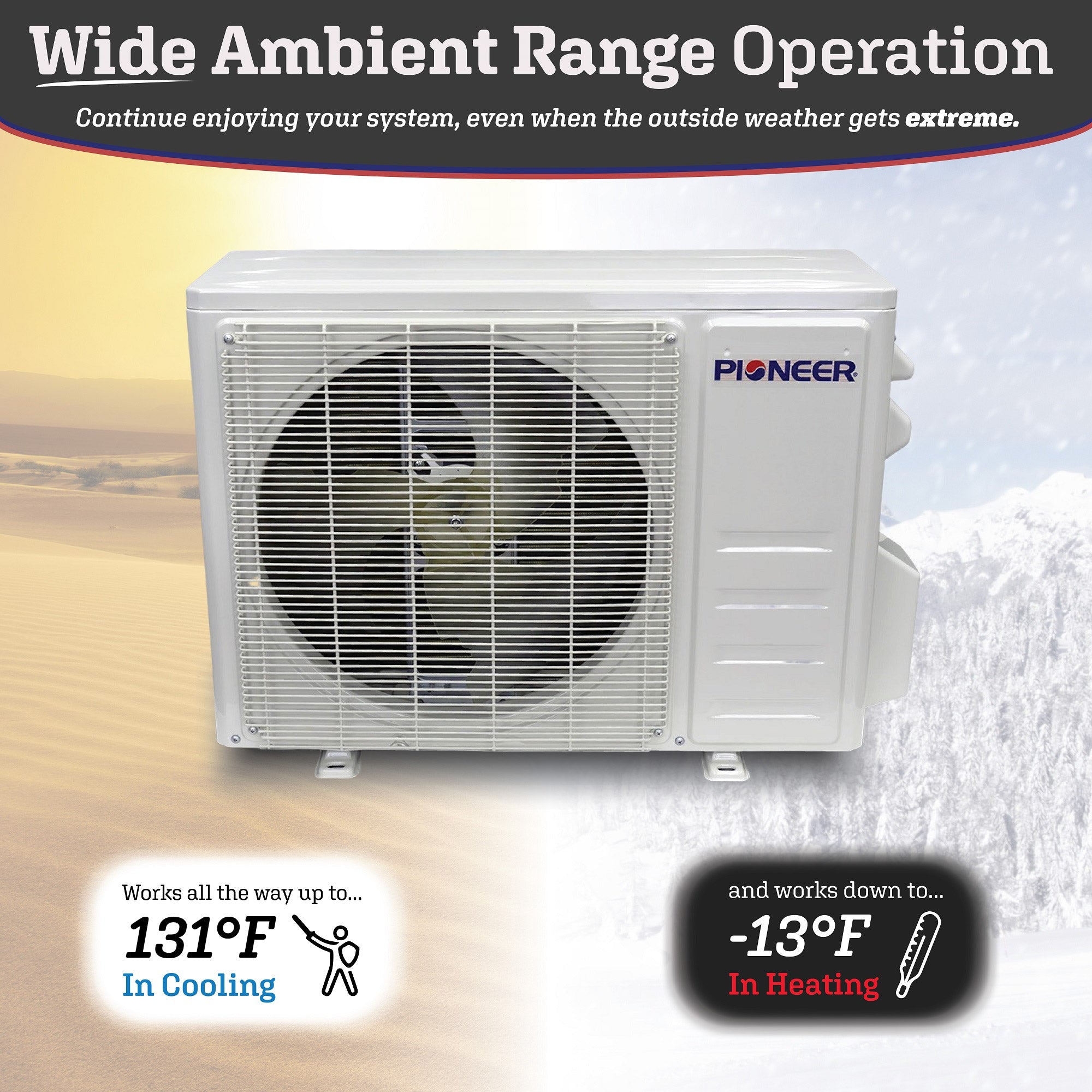 Outdoor condenser unit for ductless mini-split air conditioner with PIONEER logo