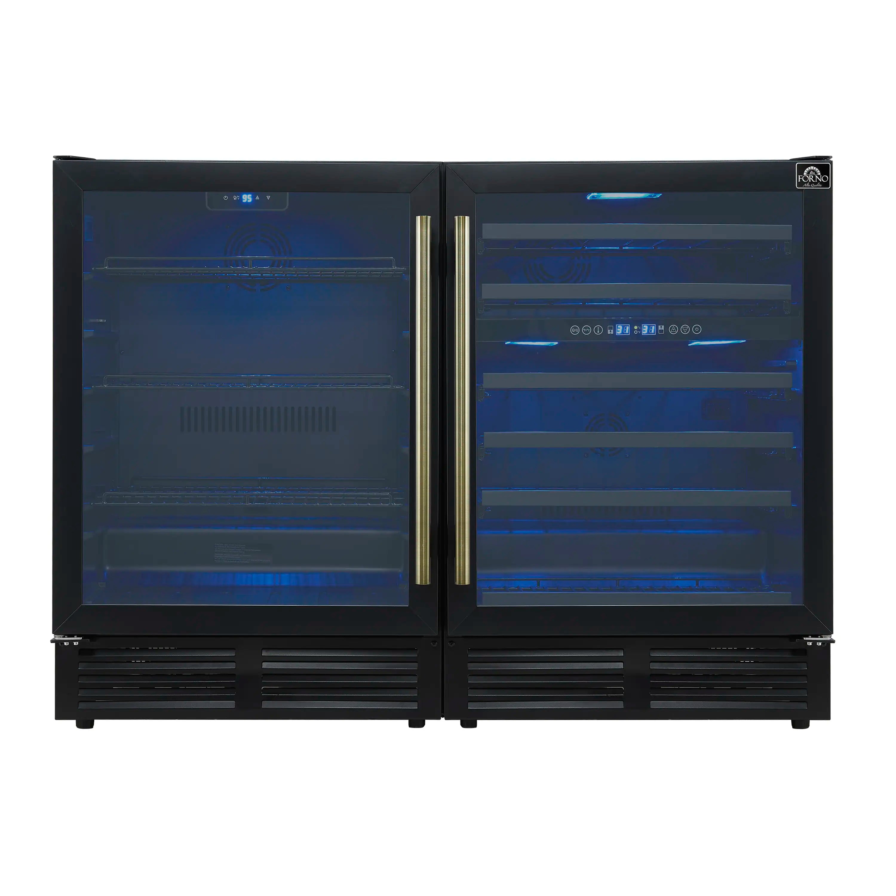 Black side-by-side wine and beverage cooler with antique brass handles and vented base