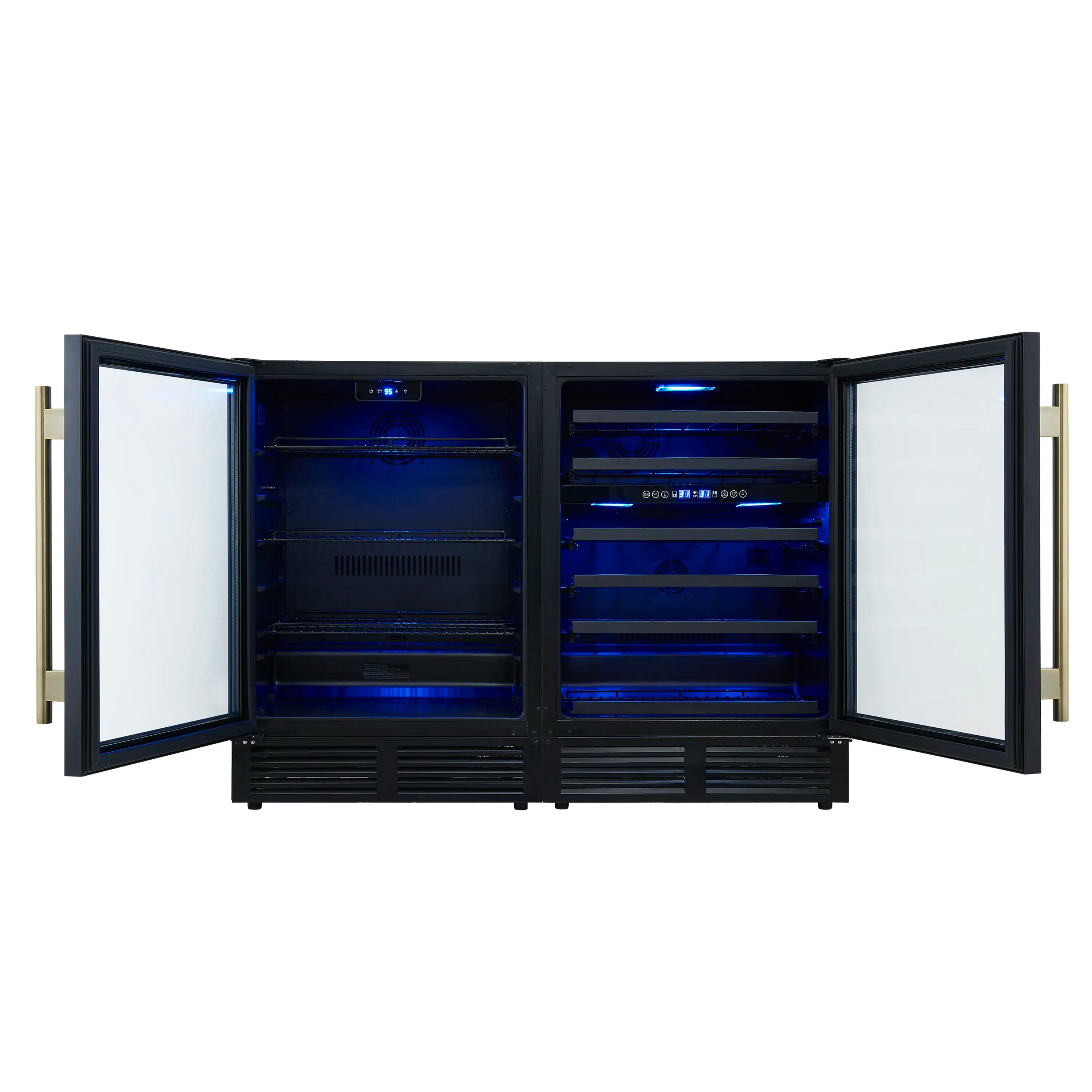 Open black side-by-side wine and beverage cooler with blue-lit racks and door handles