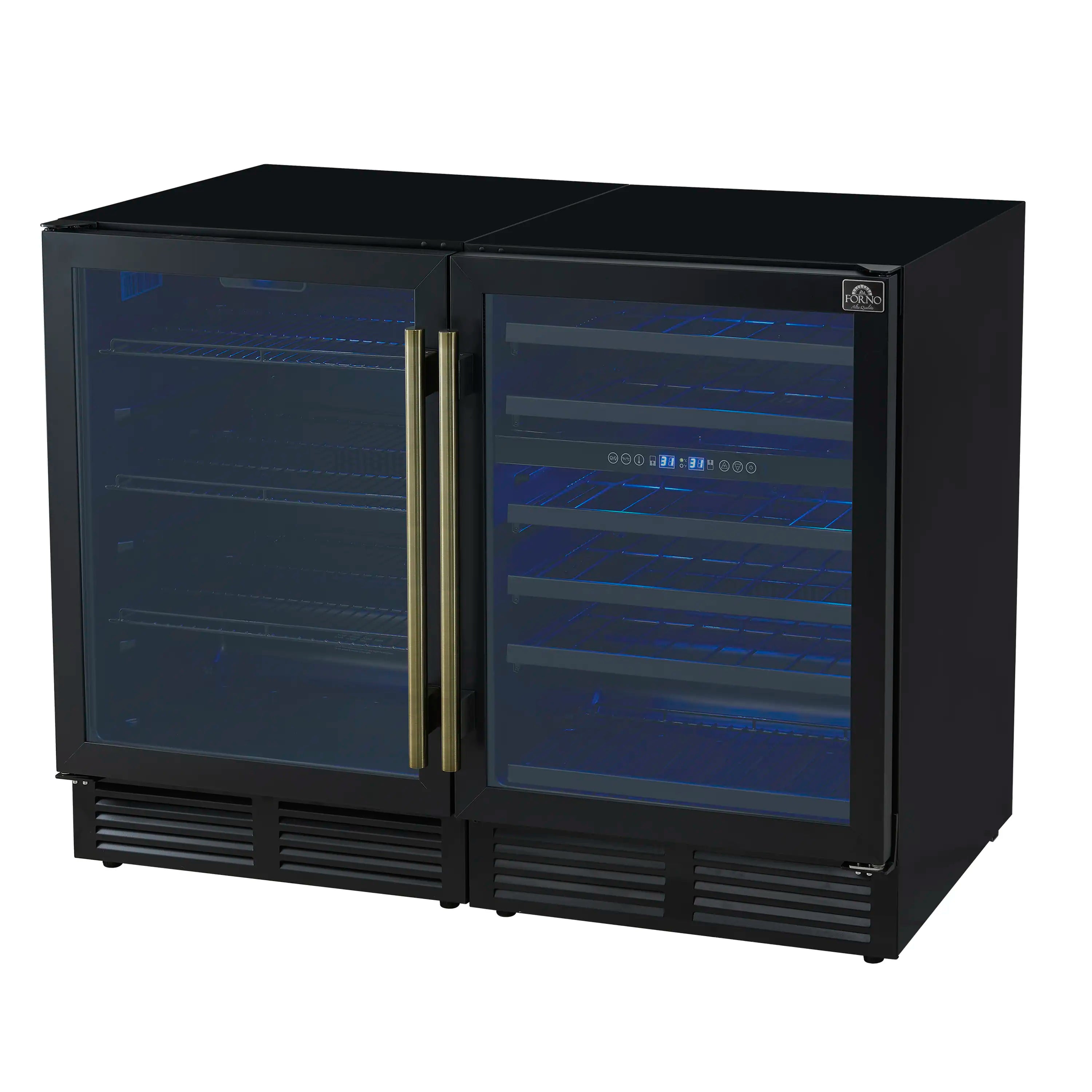 Black side-by-side wine and beverage cooler with antique brass double doors and handle pulls