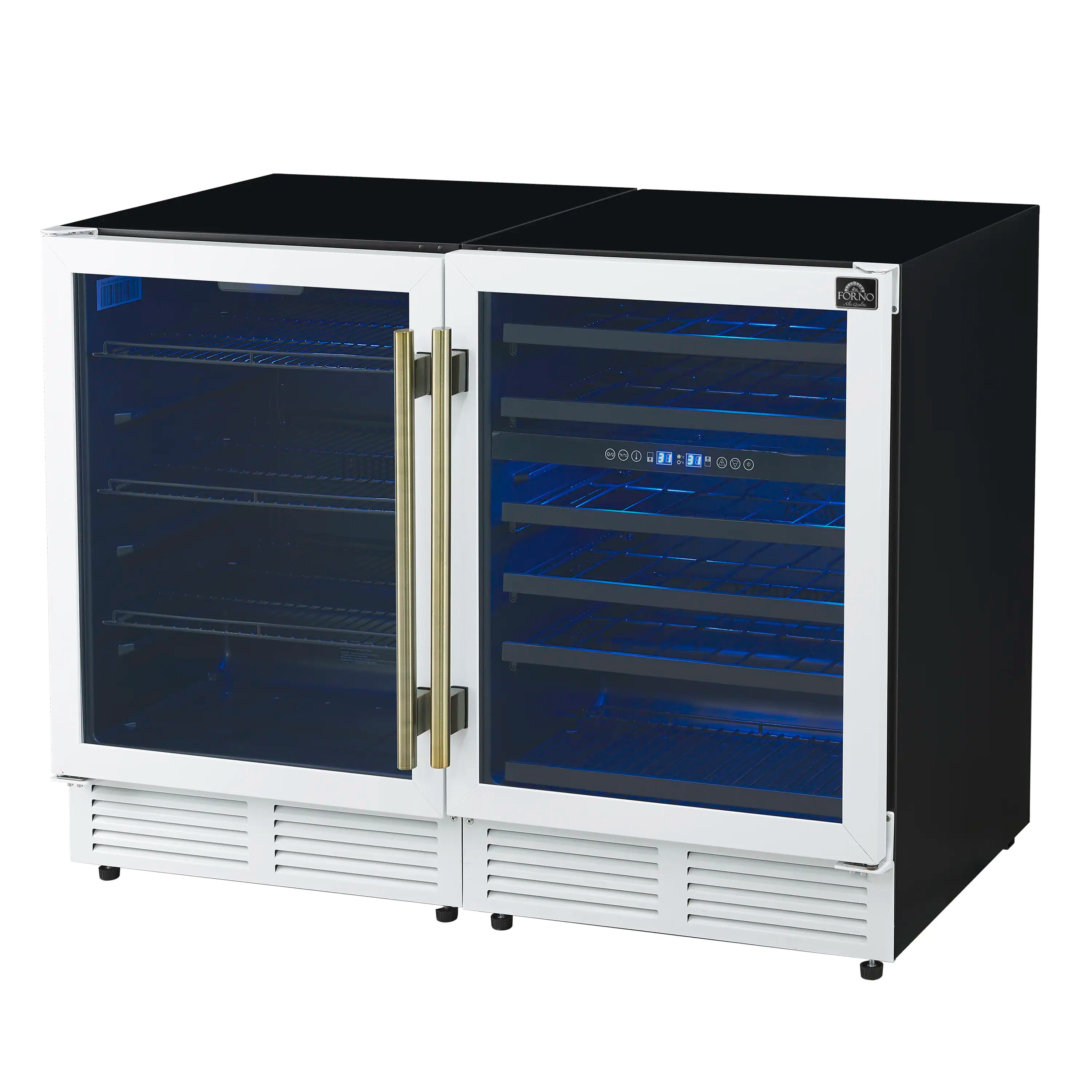 White side-by-side wine and beverage cooler with brass double doors