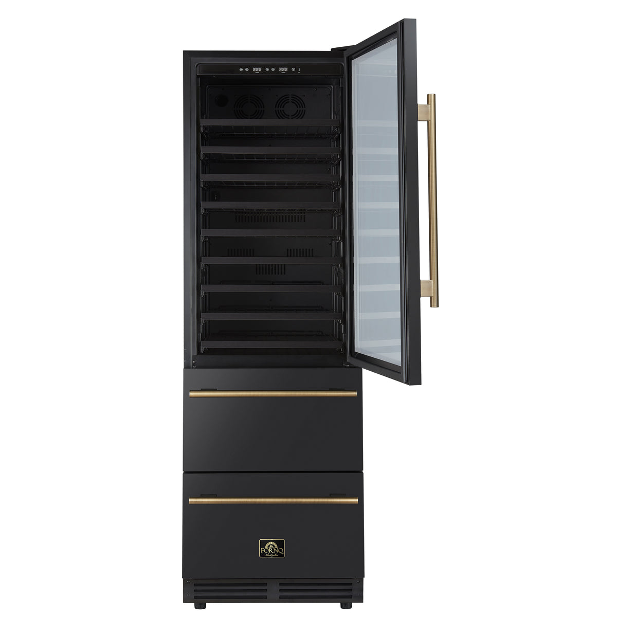 Forno Azienda 24-Inch Built-In Compressor Wine Cooler - Dual Zone - 108 Bottles in Black with Antique Brass Trim