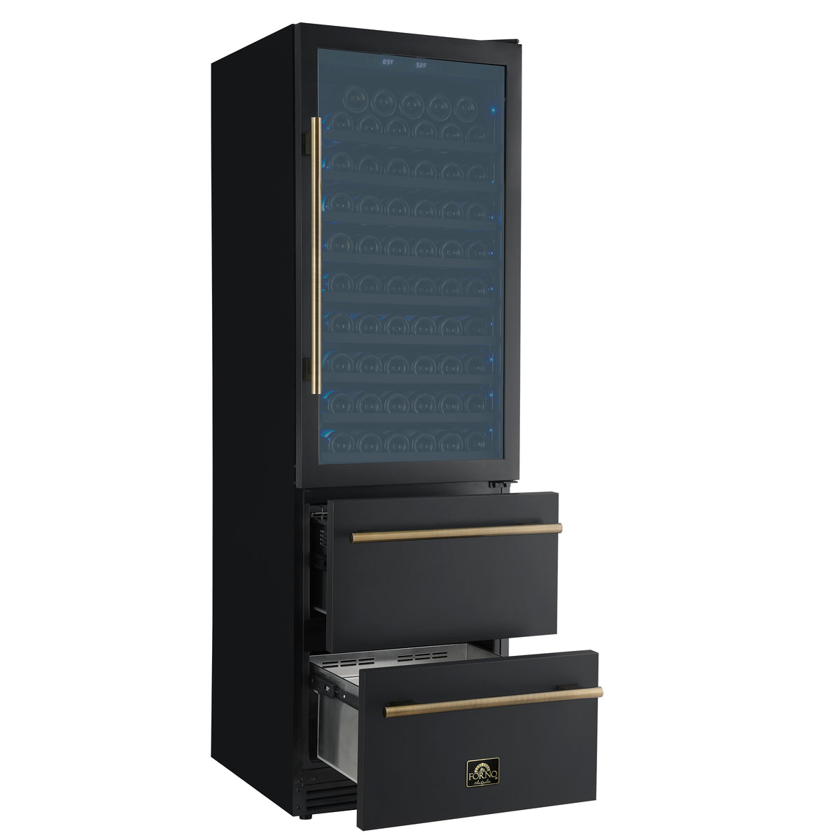 Forno Azienda 24-Inch Built-In Compressor Wine Cooler - Dual Zone - 108 Bottles in Black with Antique Brass Trim