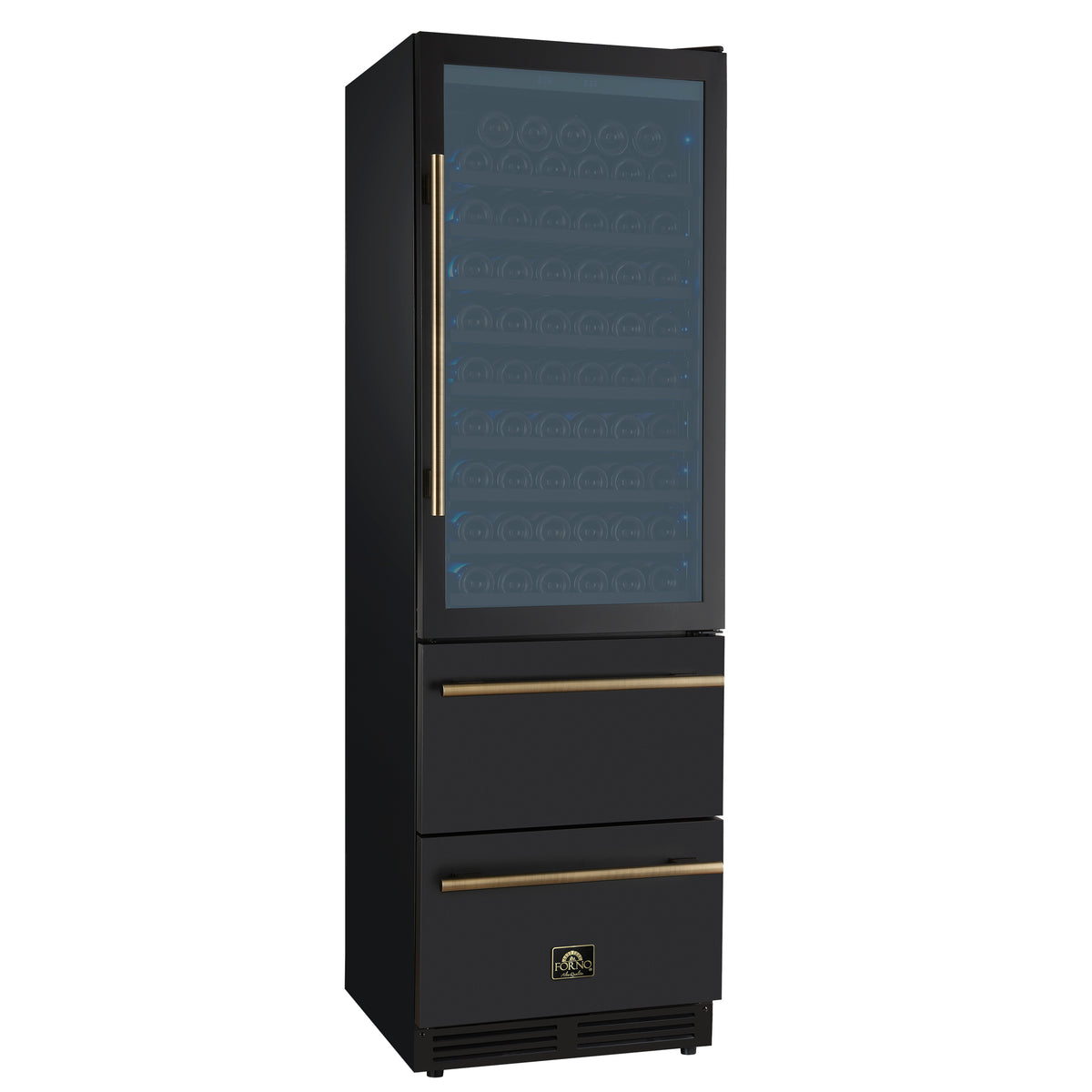 Forno Azienda 24-Inch Built-In Compressor Wine Cooler - Dual Zone - 108 Bottles in Black with Antique Brass Trim