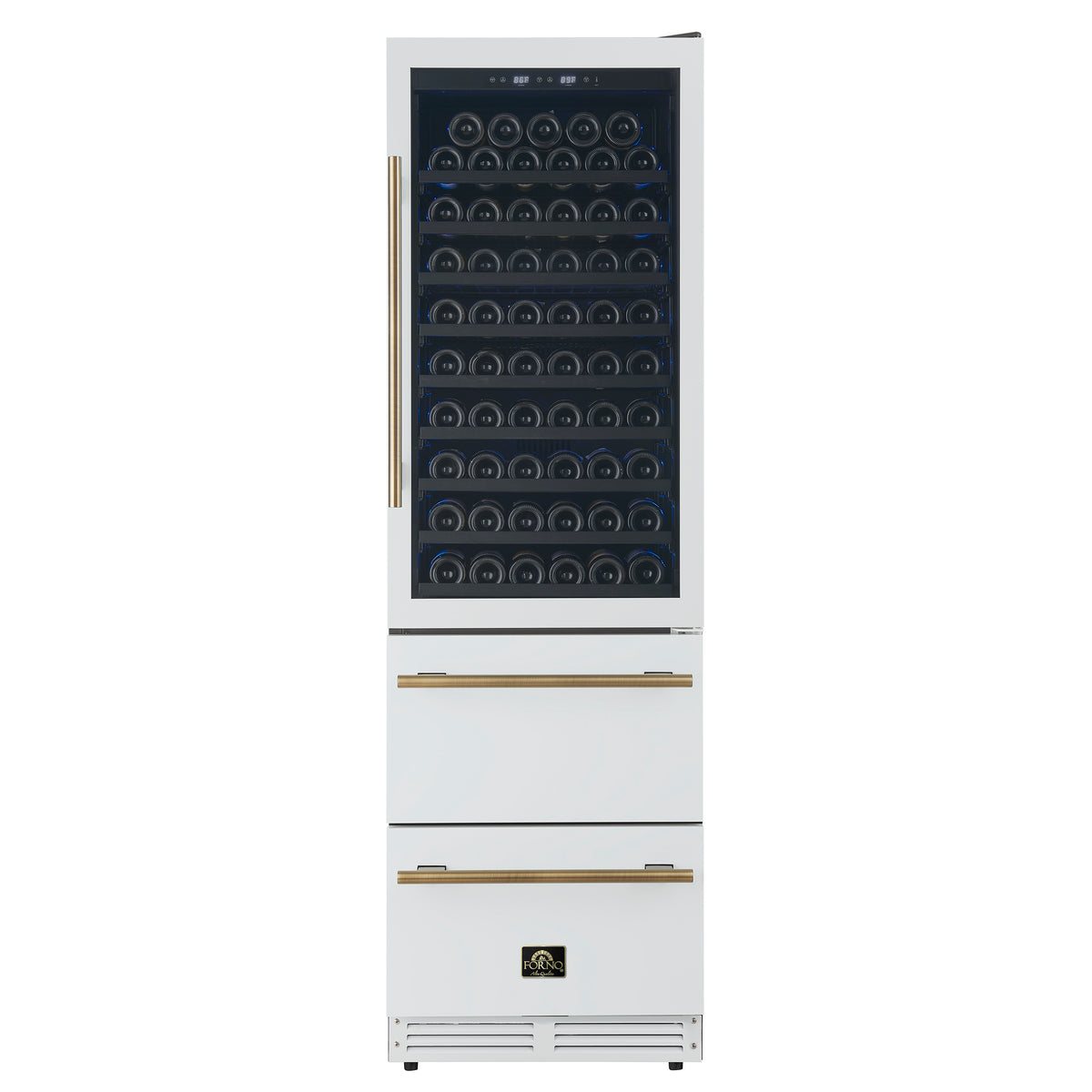 Forno Azienda 24-Inch Built-In Compressor Wine Cooler - Dual Zone - 108 Bottles in White with Antique Brass Trim