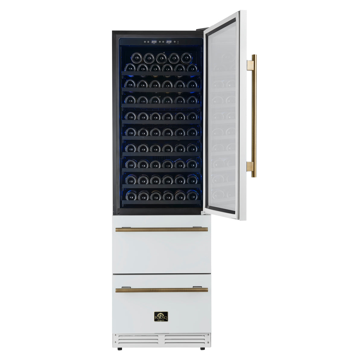 Forno Azienda 24-Inch Built-In Compressor Wine Cooler - Dual Zone - 108 Bottles in White with Antique Brass Trim