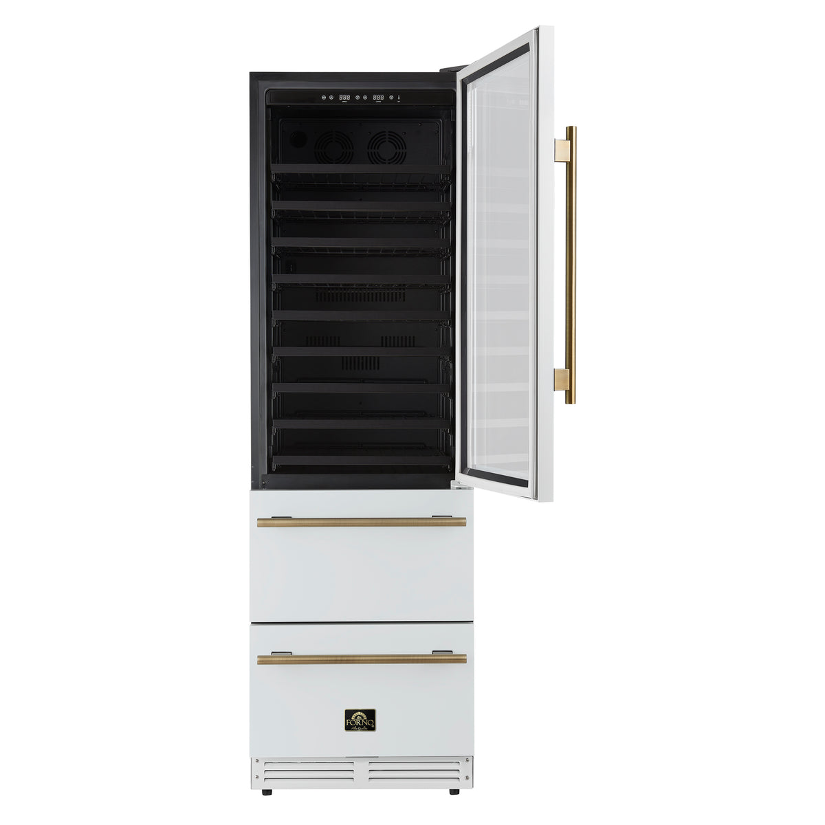 Forno Azienda 24-Inch Built-In Compressor Wine Cooler - Dual Zone - 108 Bottles in White with Antique Brass Trim