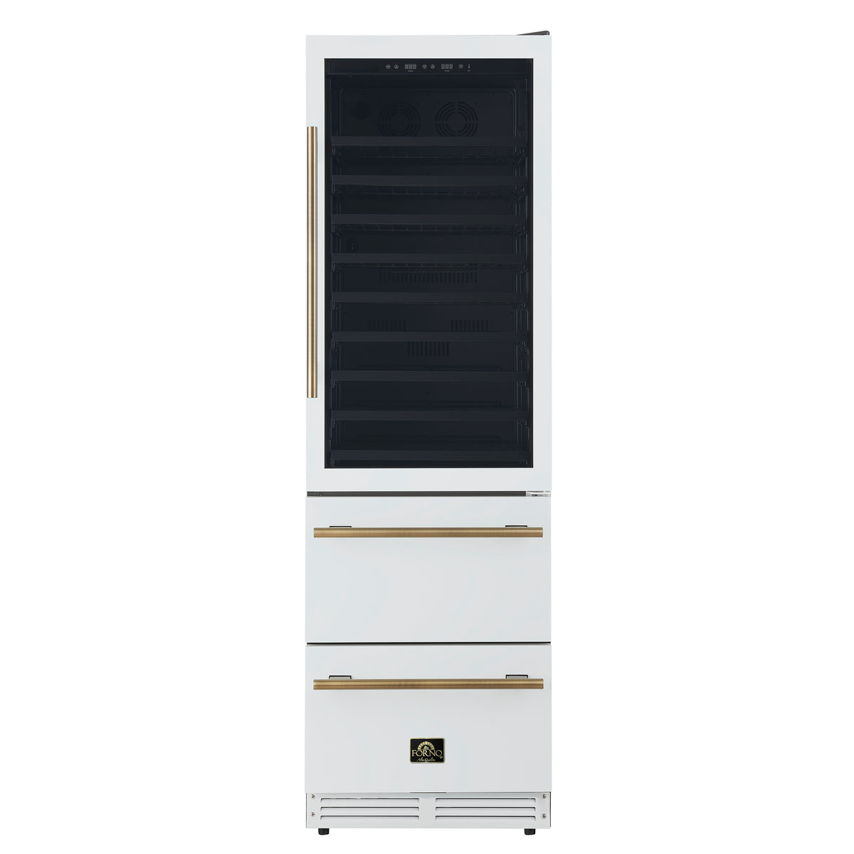 Forno Azienda 24-Inch Built-In Compressor Wine Cooler - Dual Zone - 108 Bottles in White with Antique Brass Trim
