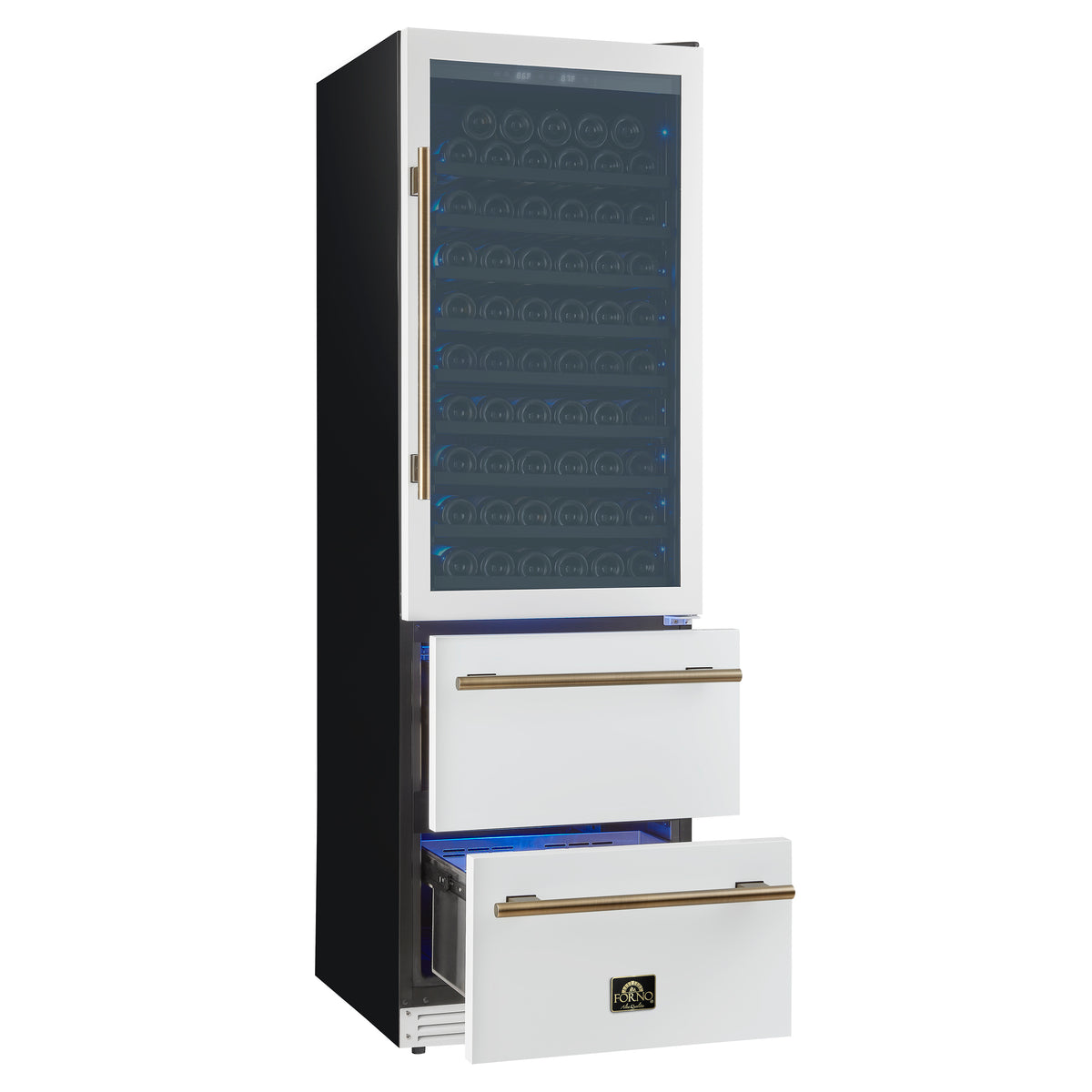 Forno Azienda 24-Inch Built-In Compressor Wine Cooler - Dual Zone - 108 Bottles in White with Antique Brass Trim