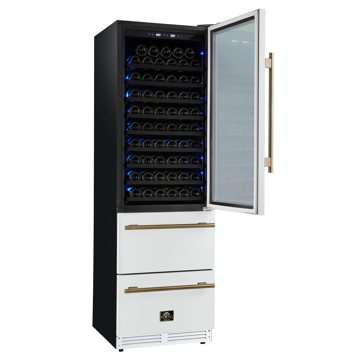Forno Azienda 24-Inch Built-In Compressor Wine Cooler - Dual Zone - 108 Bottles in White with Antique Brass Trim