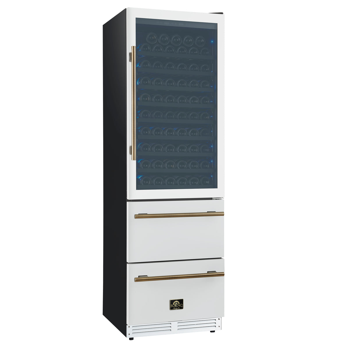 Forno Azienda 24-Inch Built-In Compressor Wine Cooler - Dual Zone - 108 Bottles in White with Antique Brass Trim