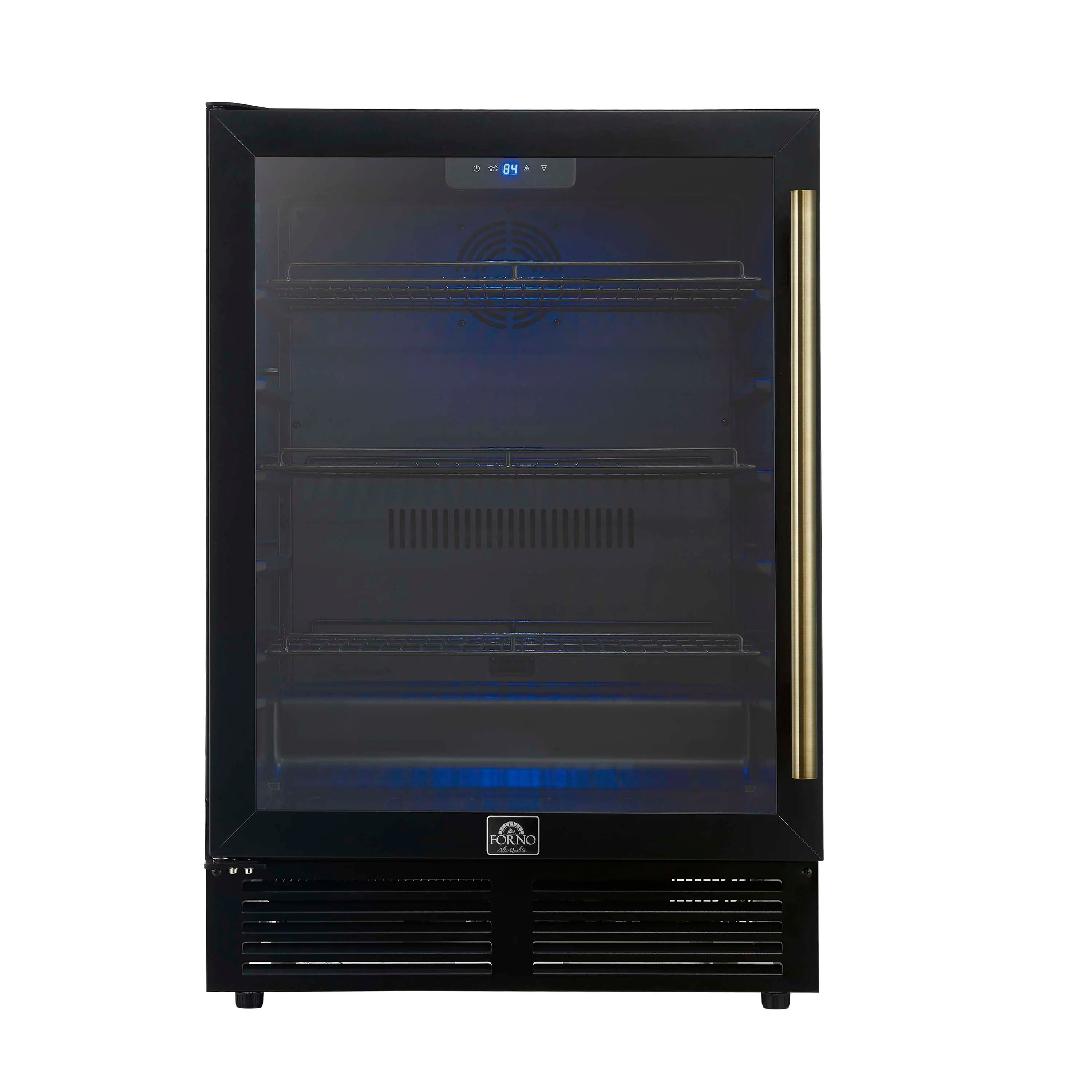 Black beverage cooler with brass handle and blue LED interior shelves behind glass