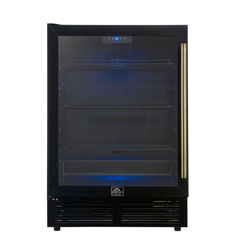 Forno Frescolino 24-Inch Beverage Cooler in Black with Antique Brass Handle, with LED Lighting, Triple Glass Door, 188 Can Capacity, Built-In or Freestanding (FWCDR6665-24BLK)