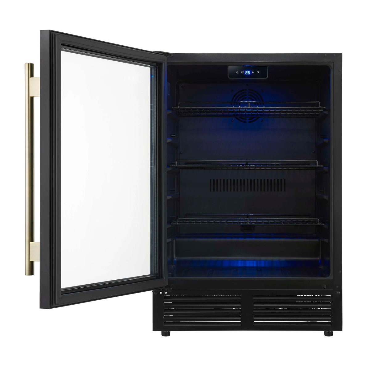 Black beverage cooler with open door and blue LED interior wire shelves