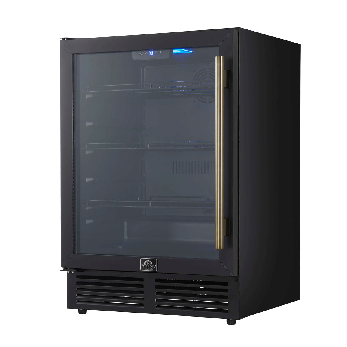 Black beverage cooler with triple glass door and blue LED-lit interior