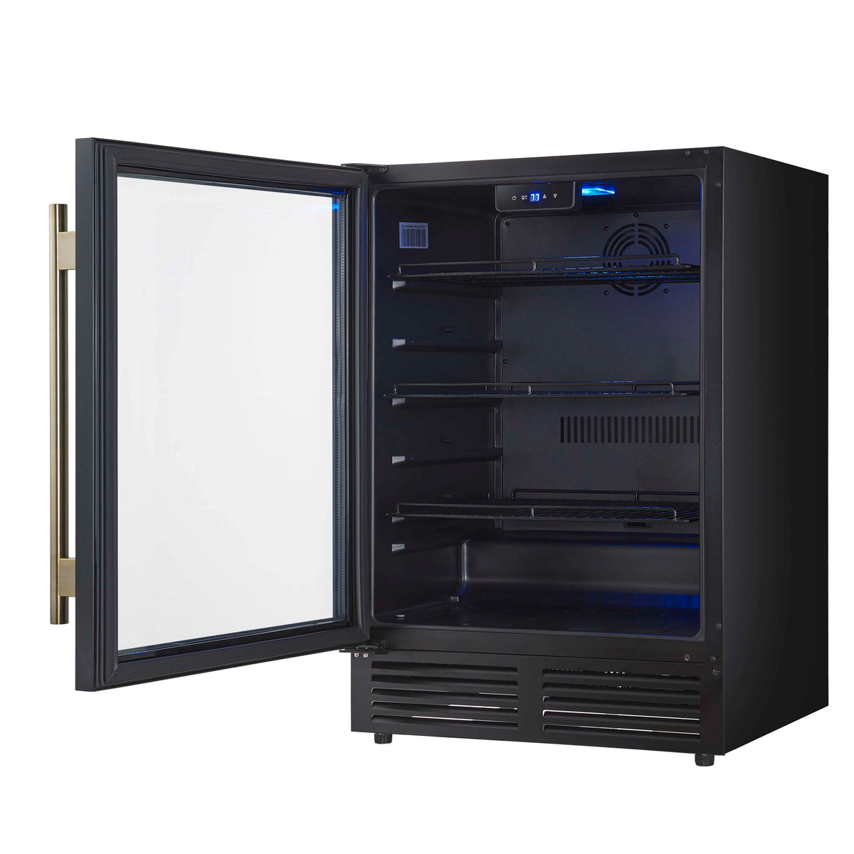 Black beverage cooler with open door showing blue LED interior shelves