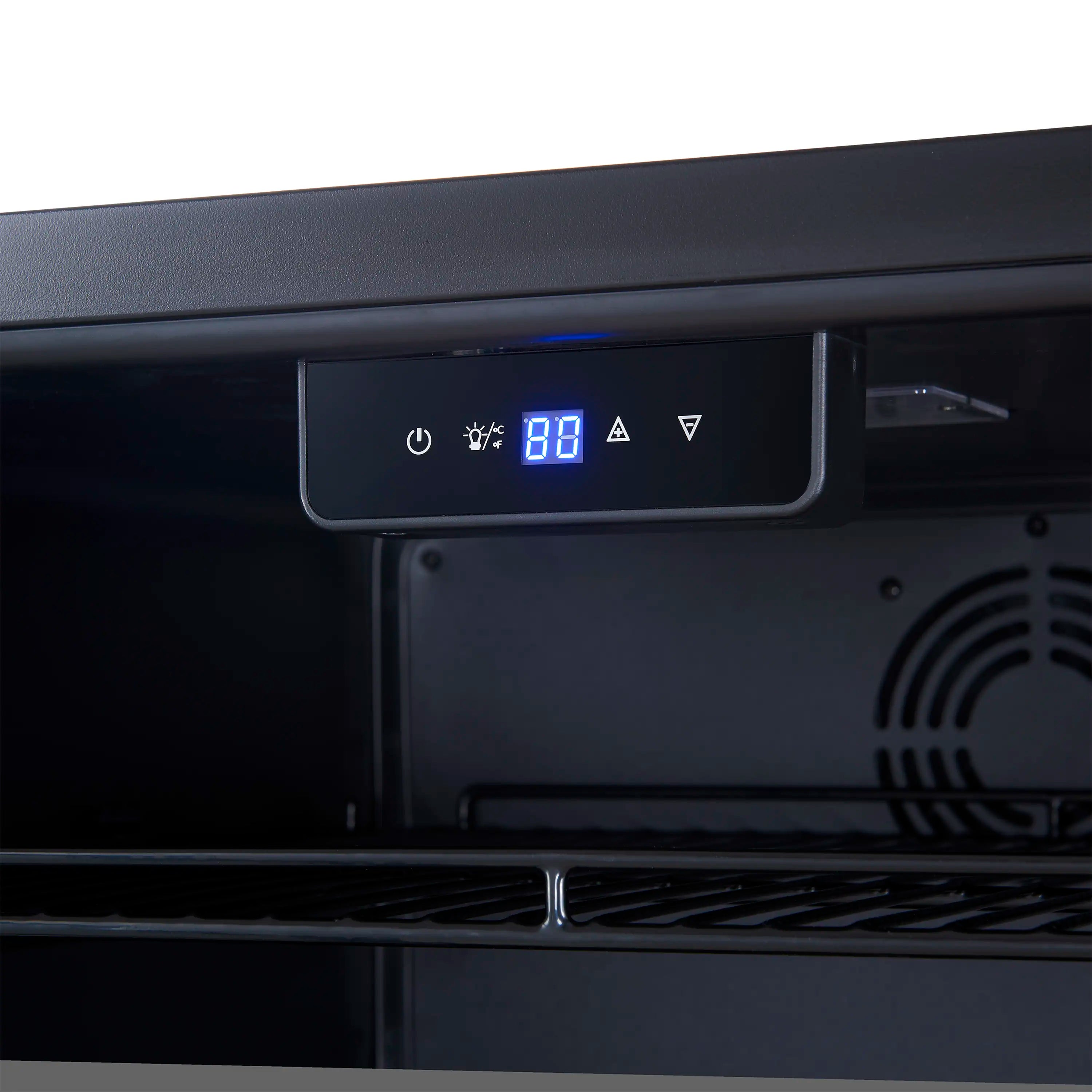 Stainless steel side-by-side wine cooler control panel with digital display and icons