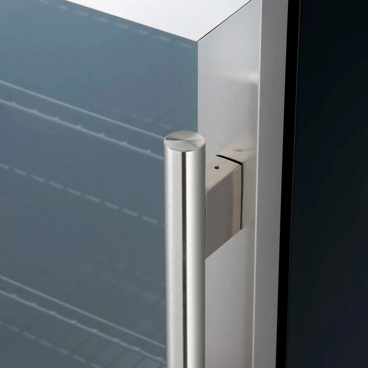 Stainless steel beverage cooler door handle and hinge area