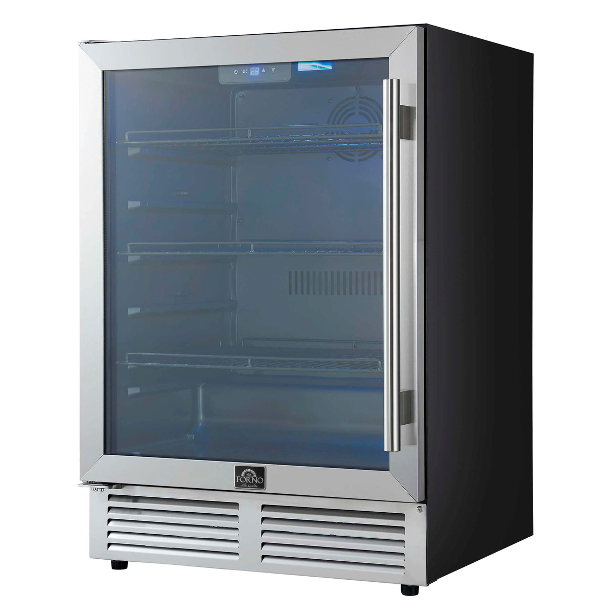 Stainless steel beverage cooler with glass door open, side vented base