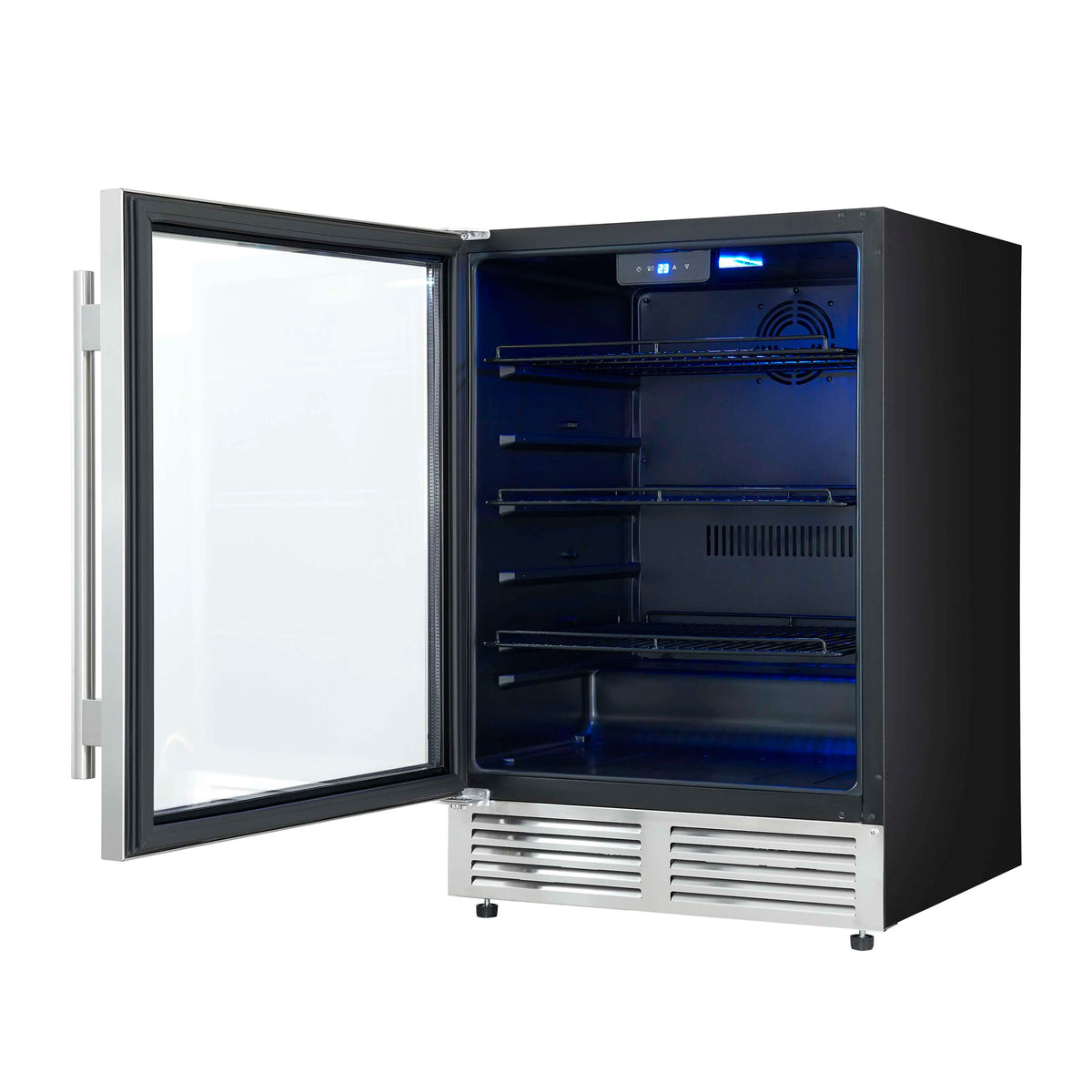 Stainless steel beverage cooler with glass door open, interior blue lighting