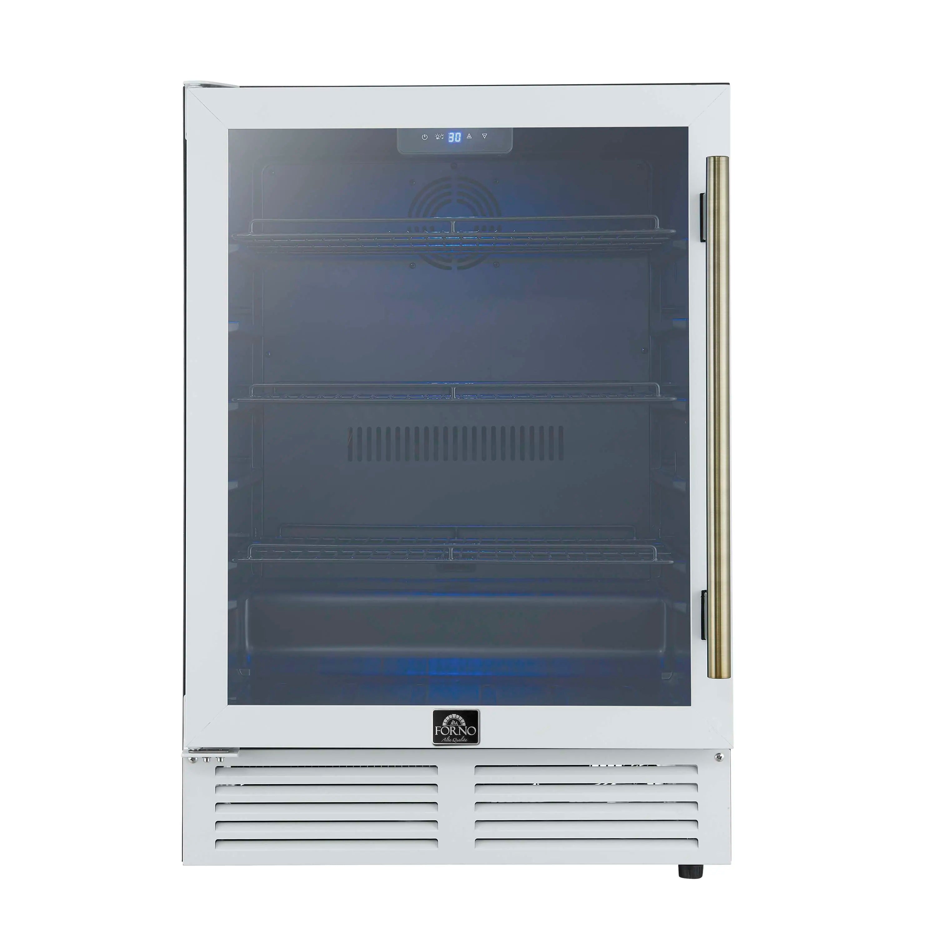 White beverage cooler front view with glass door and brass handle