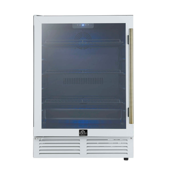 Forno Frescolino 24-Inch Beverage Cooler in White with Antique Brass Handle, with LED Lighting, Triple Glass Door, 188 Can Capacity, Built-In or Freestanding (FWCDR6665-24WHT)
