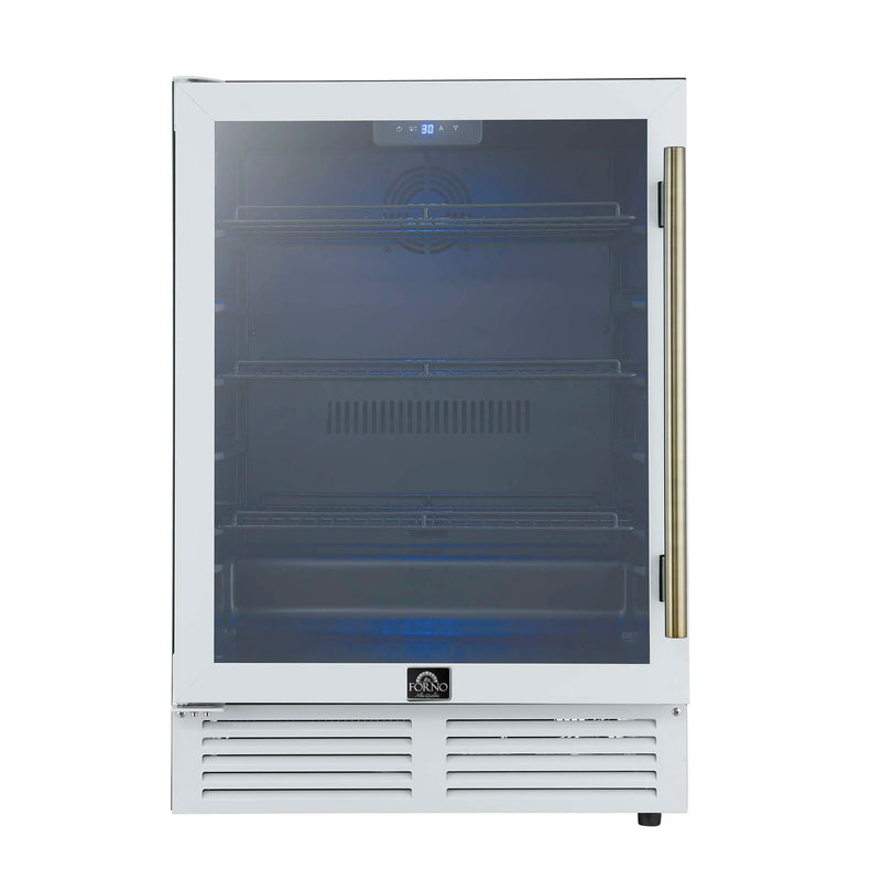 Forno Frescolino 24-Inch Beverage Cooler in White with Antique Brass Handle, with LED Lighting, Triple Glass Door, 188 Can Capacity, Built-In or Freestanding (FWCDR6665-24WHT)