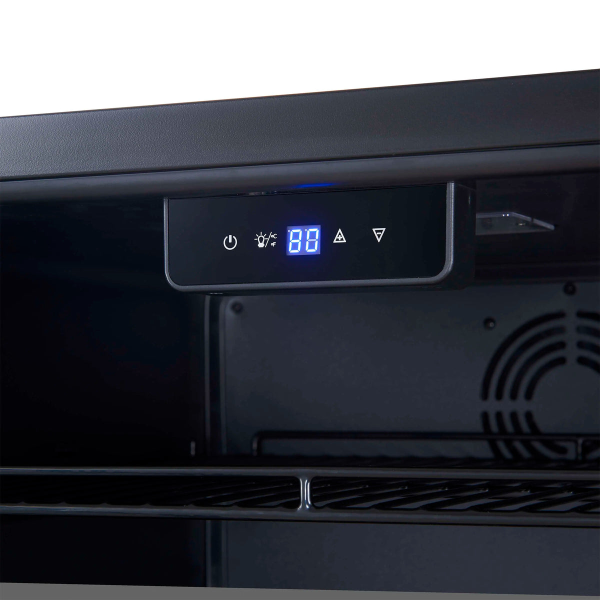 White beverage cooler control panel with digital display and touch icons