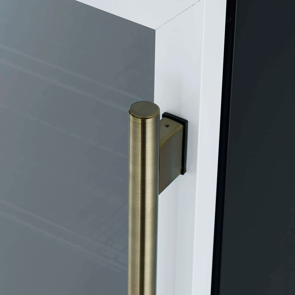 White beverage cooler door handle in antique brass finish