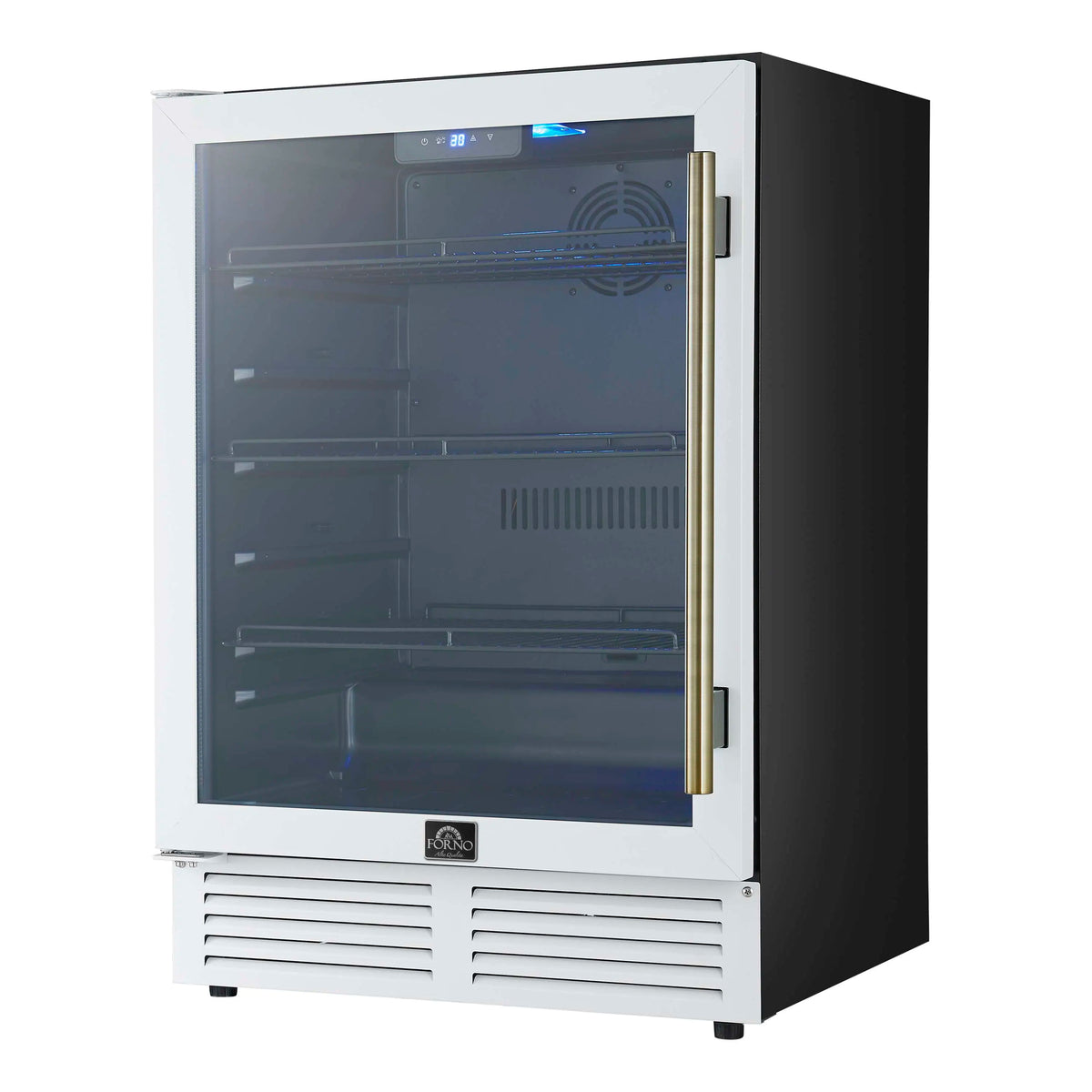 White beverage cooler with glass door, LED lighting, and brass handle