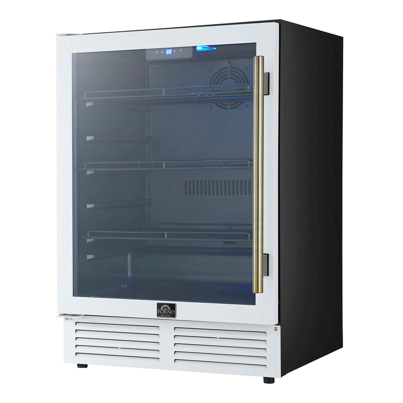 Forno Frescolino 24-Inch Beverage Cooler in White with Antique Brass Handle, with LED Lighting, Triple Glass Door, 188 Can Capacity, Built-In or Freestanding (FWCDR6665-24WHT)