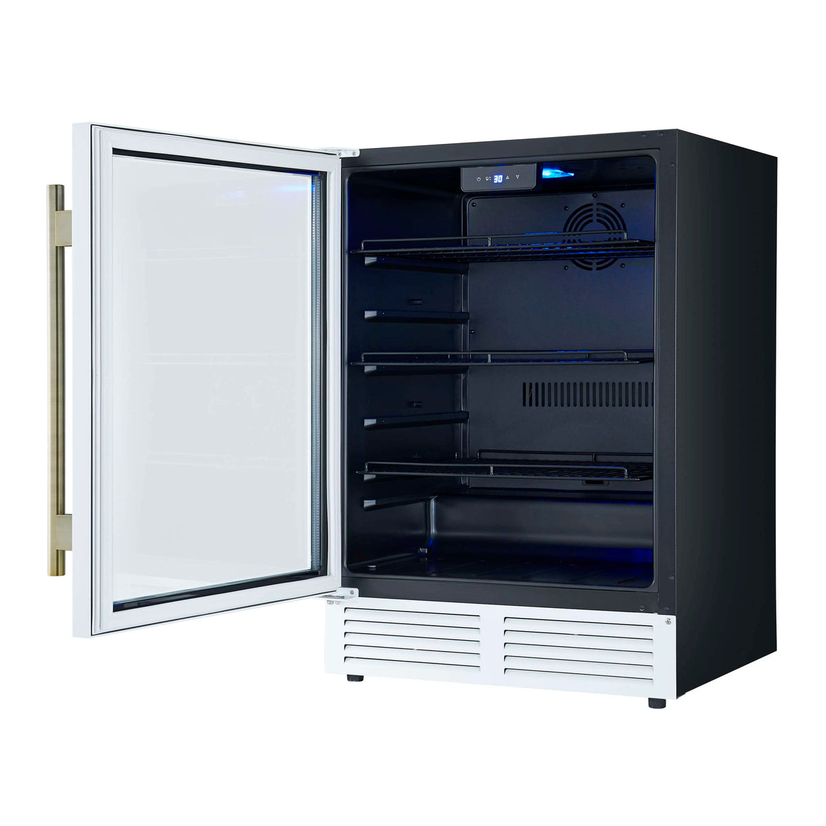 Beverage cooler with open door showing interior shelves and blue LED light