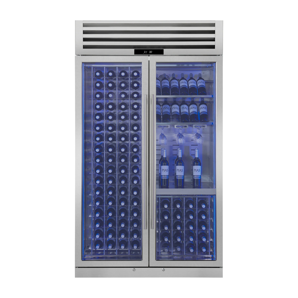 Dual-zone wine cooler with blue-lit glass doors and bottle storage racks