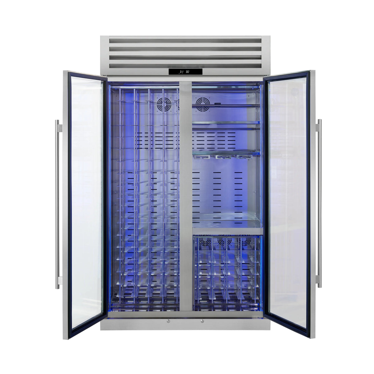 Freestanding wine cooler with open doors, blue interior shelves, racks