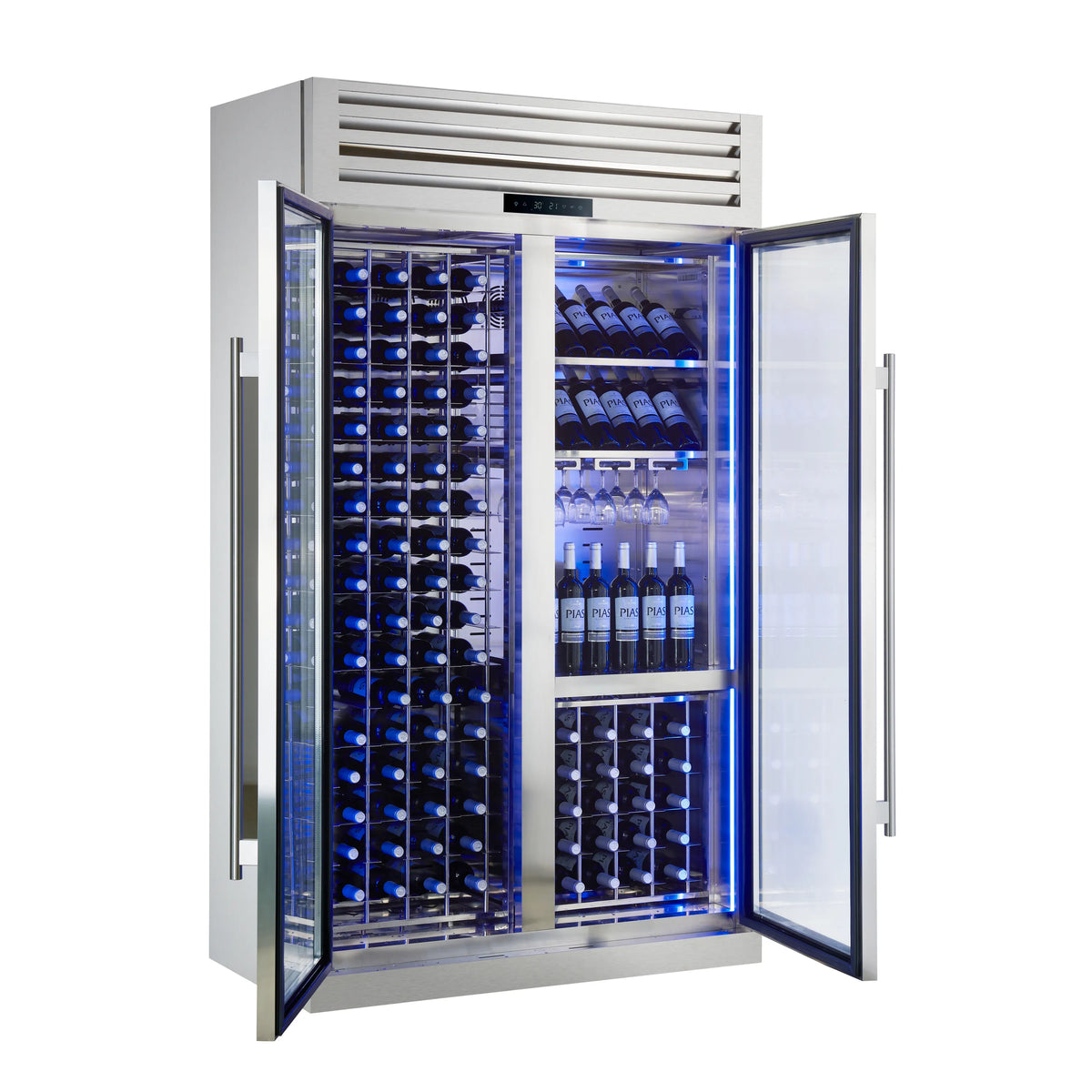 Dual-zone wine cooler with doors open, showing bottle racks and illuminated interior.