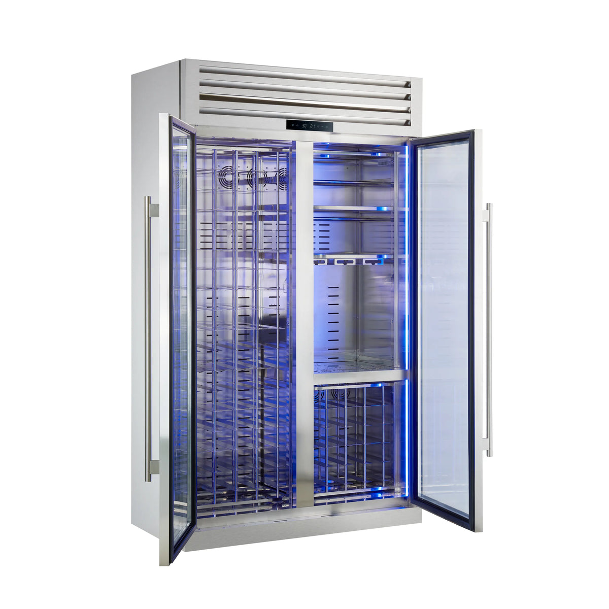 Dual-zone wine cooler with glass doors open and blue interior shelving for bottles.