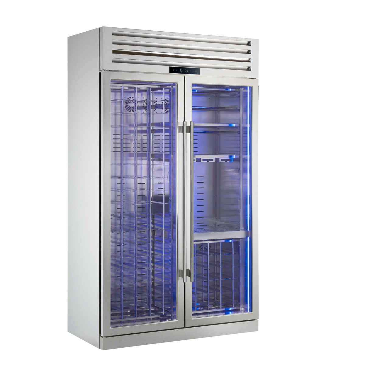 Stainless dual-zone wine cooler with two open glass doors showing blue-lit interior racks.