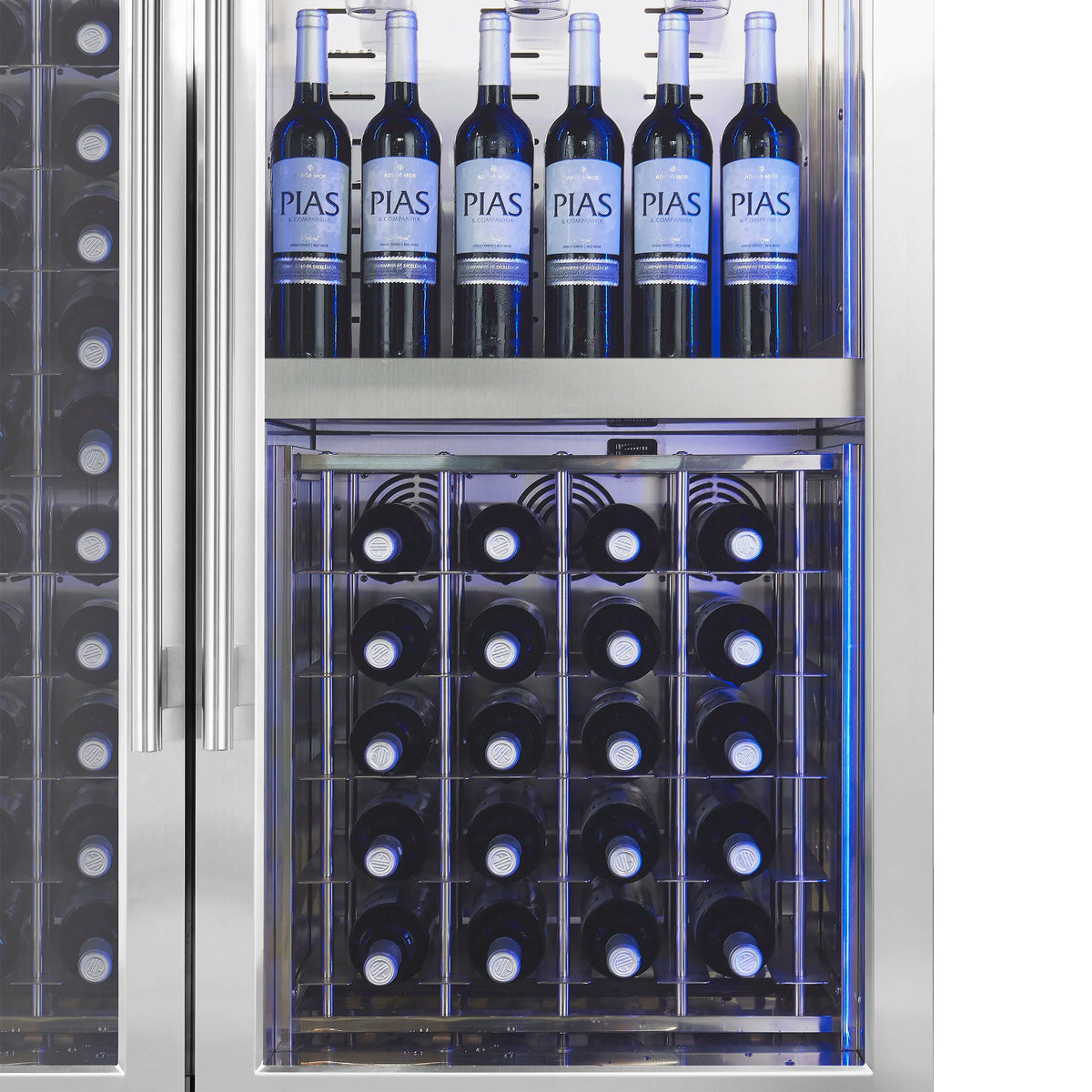 Dual-zone wine cooler interior with blue-lit bottle rows and hanging stemware rack.
