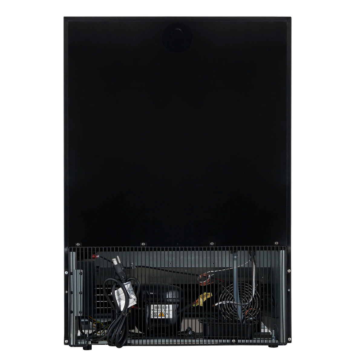 Underside view of wine cooler interior with fan grille and wiring compartment.