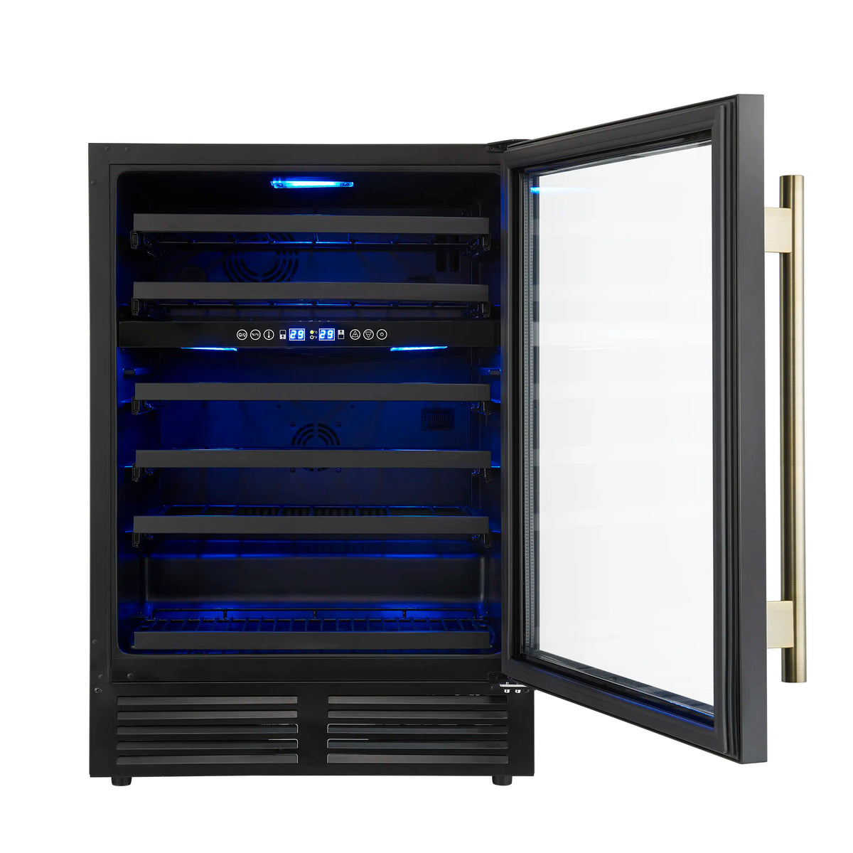Wine cooler with open triple glass door, black exterior, antique brass side handle, blue light.