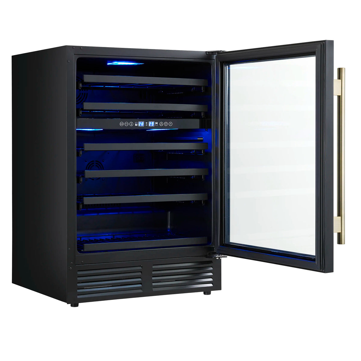 Black wine cooler with open glass door showing blue LED-lit shelves and grille vents.