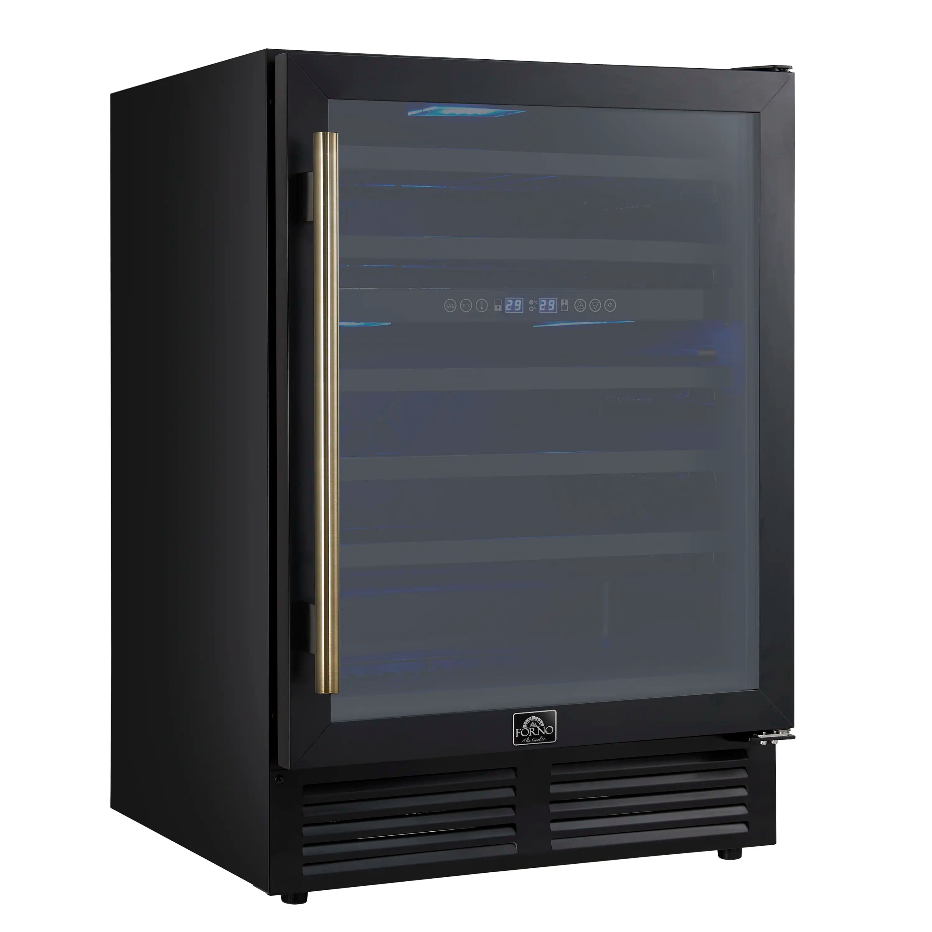 Black wine cooler with triple glass door and antique brass handle, side view.