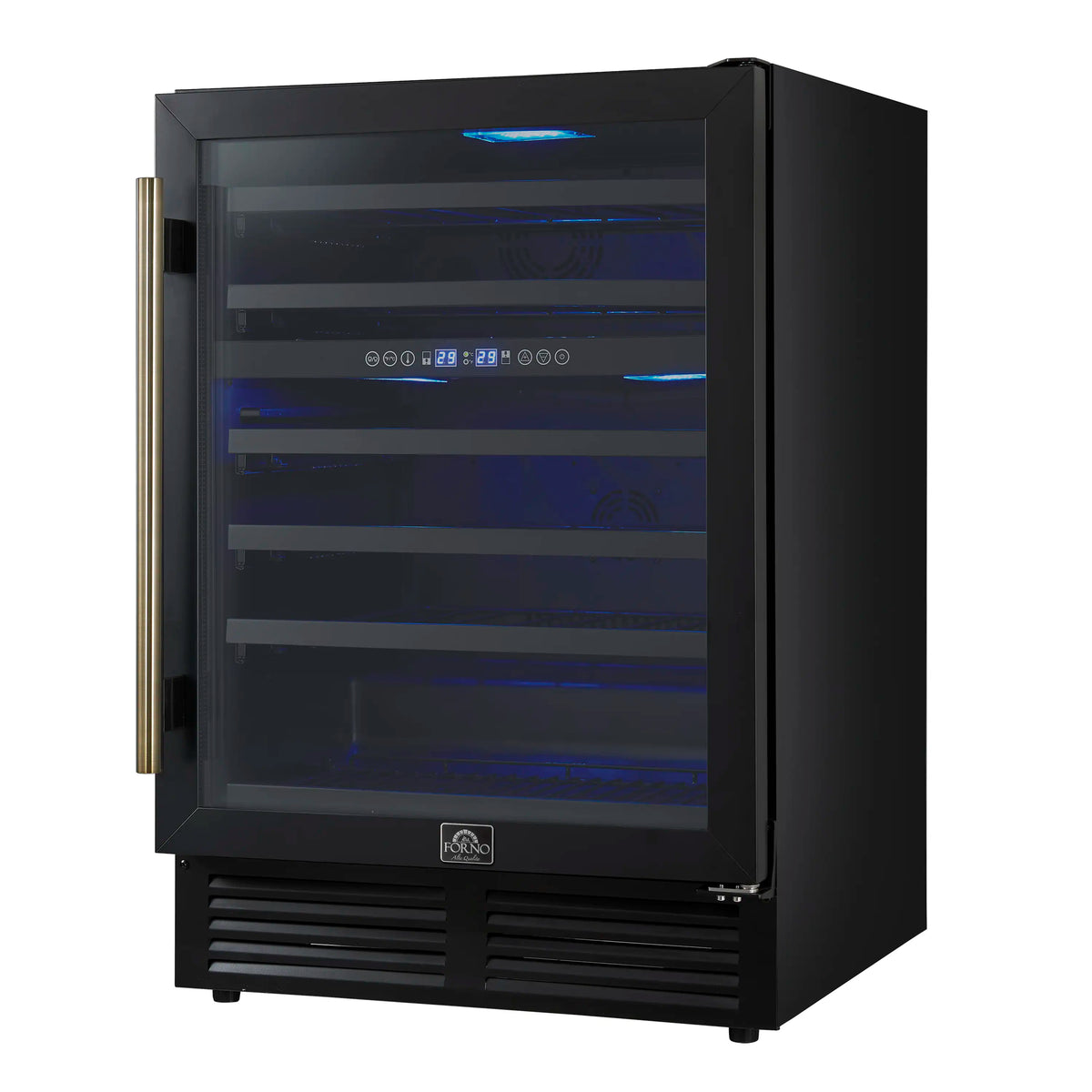 Black wine cooler with triple glass door, antique brass handle, blue LED-lit interior.