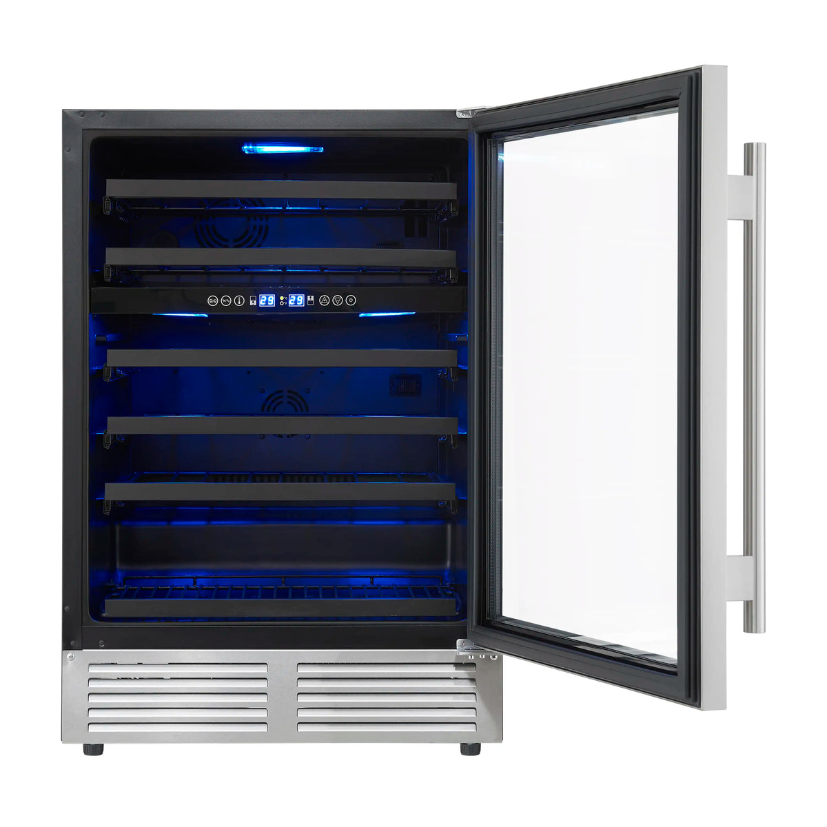 Stainless steel wine cooler with open triple glass door and blue LED-lit shelves