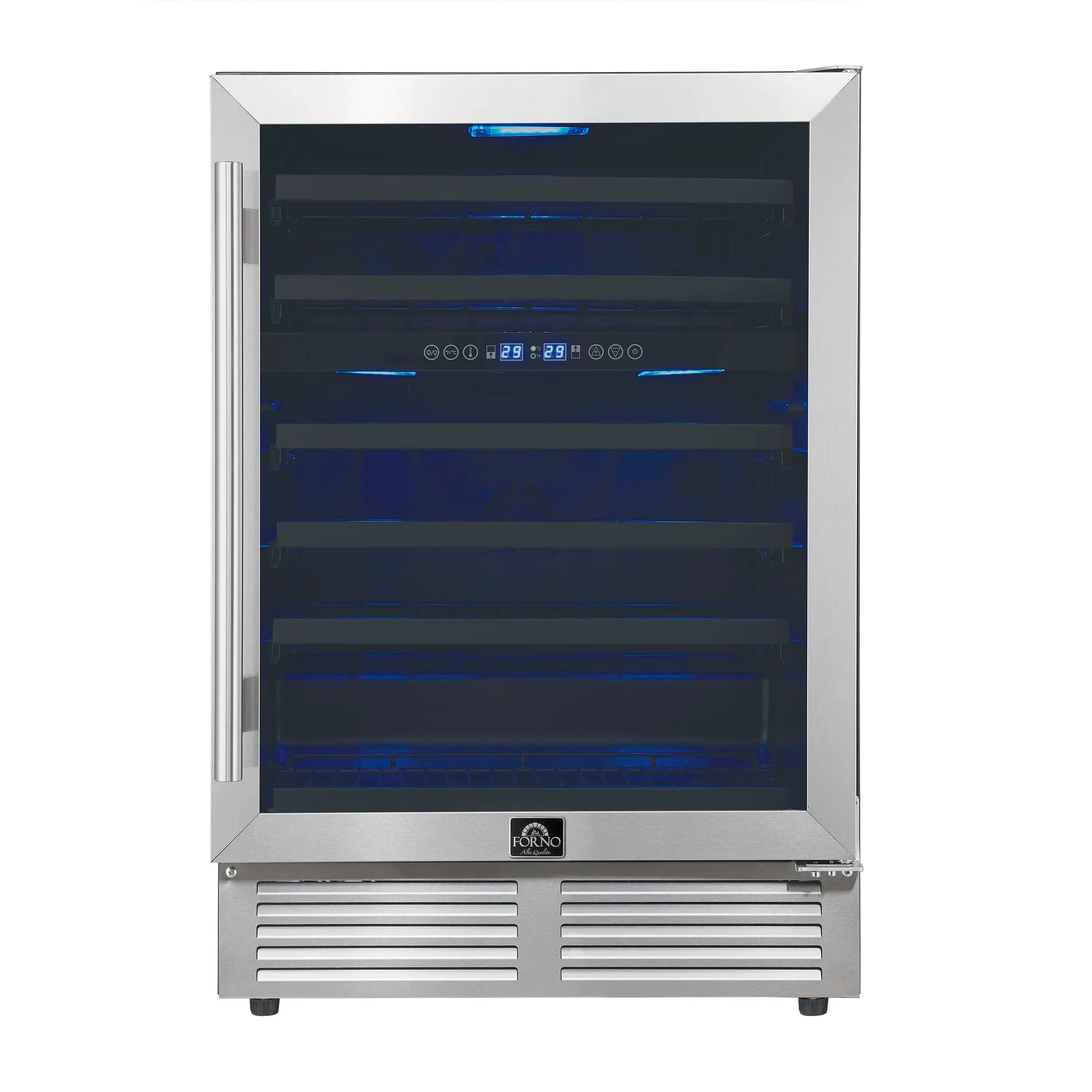 Stainless steel wine cooler with blue LED-lit interior through glass door