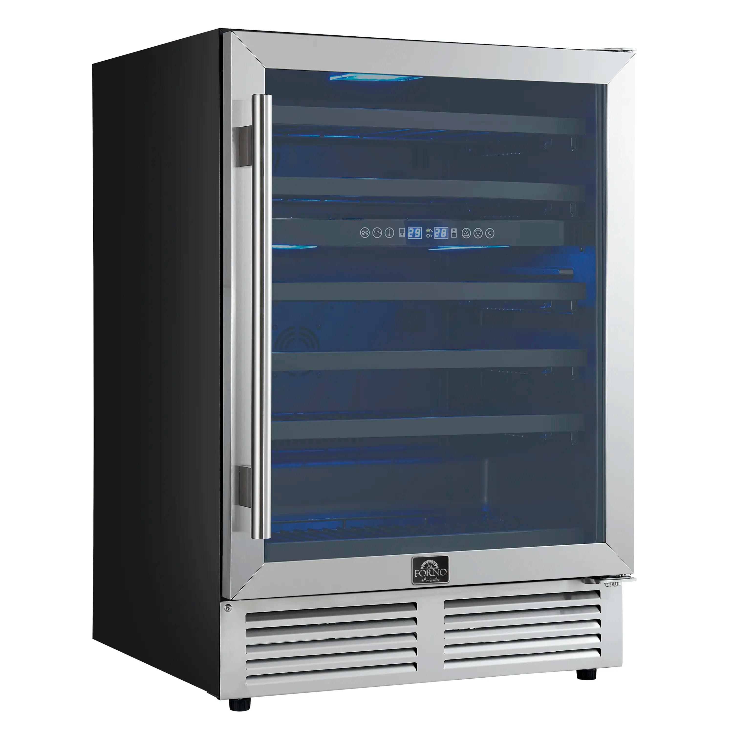 Stainless steel wine cooler with blue LED-lit interior and triple glass door