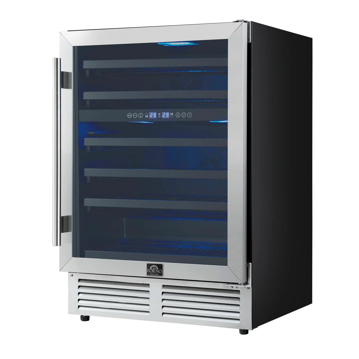 Stainless steel wine cooler with blue LED-lit interior through glass door