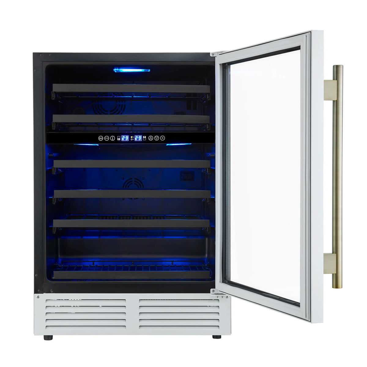 White wine cooler with door open, showing blue-lit shelves and control panel