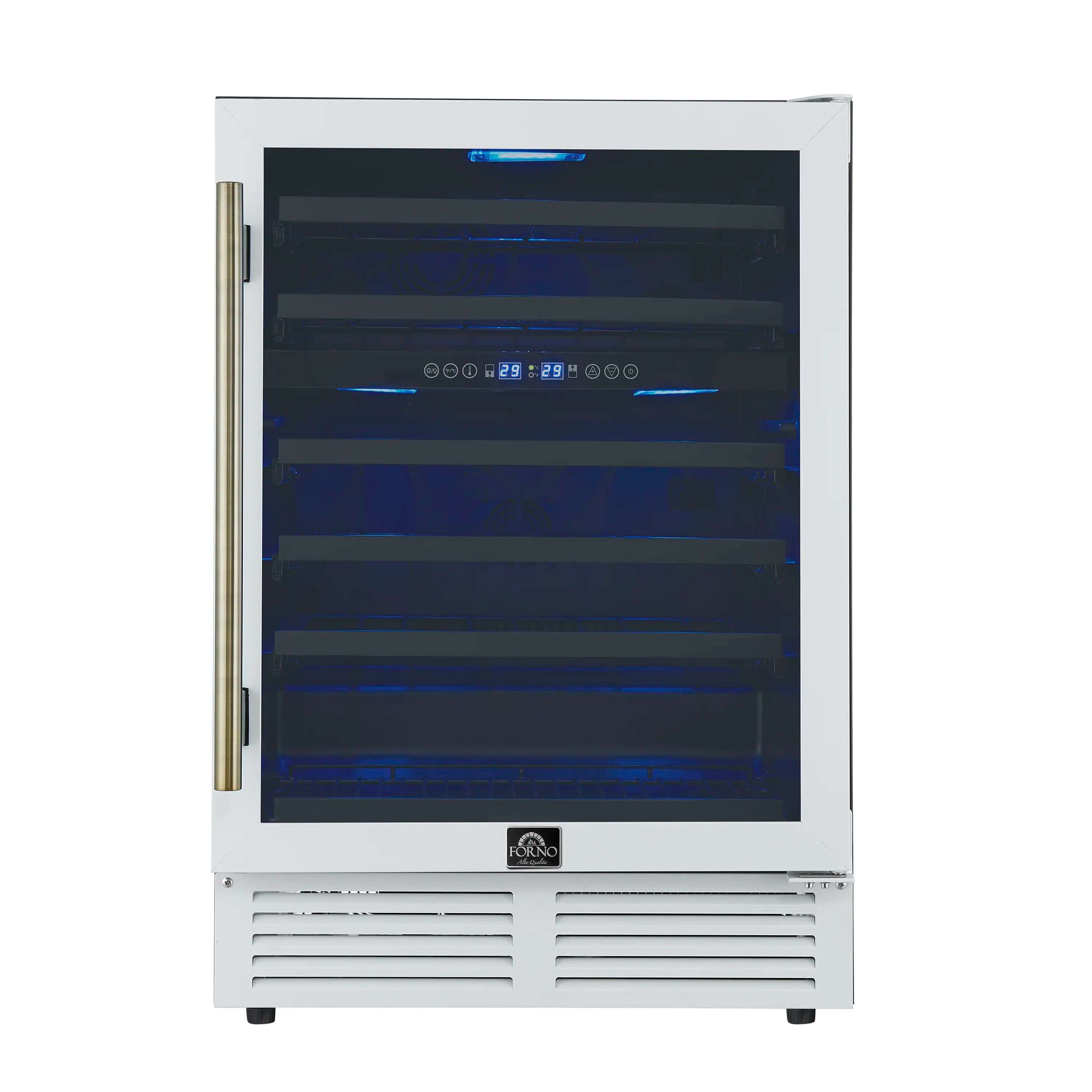 White wine cooler front with triple-glass door, antique brass handle, and blue interior light