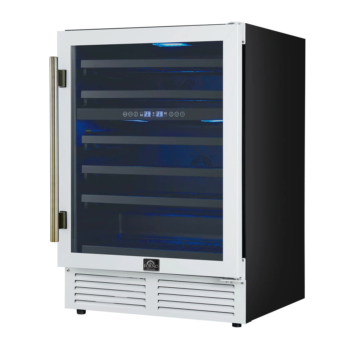 White wine cooler side view with antique brass handle and blue-lit glass door
